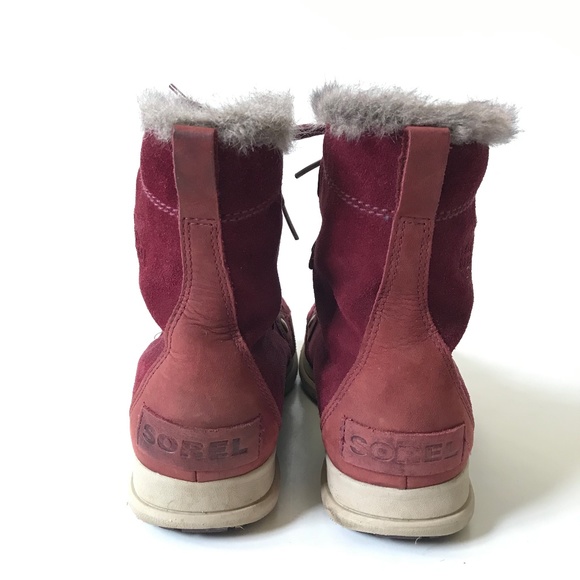 Sorel Explorer Joan Waterproof Boots Womens 8.5 Red Maroon Suede Faux Fur Snow - Picture 9 of 12